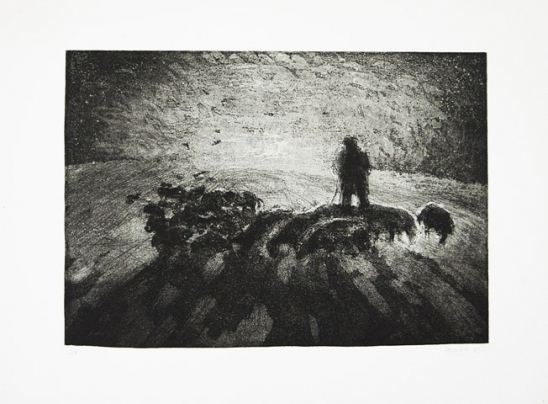 Gravure Berger avec son troupeau de Patrick Salducci artiste peintre