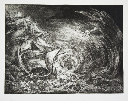 Gravure Voilier tempête colombe par Patrick Salducci artiste peintre