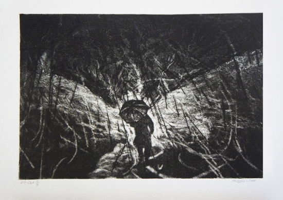 Gravure l'homme qui marche sous la pluie de Patrick Salducci artiste peintre