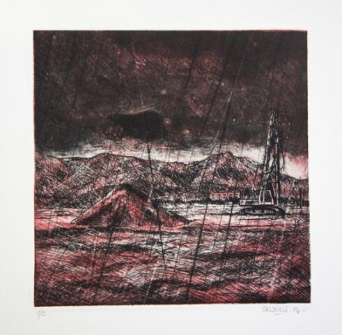 Gravure chantier avec Grue de Patrick Salducci artiste peintre