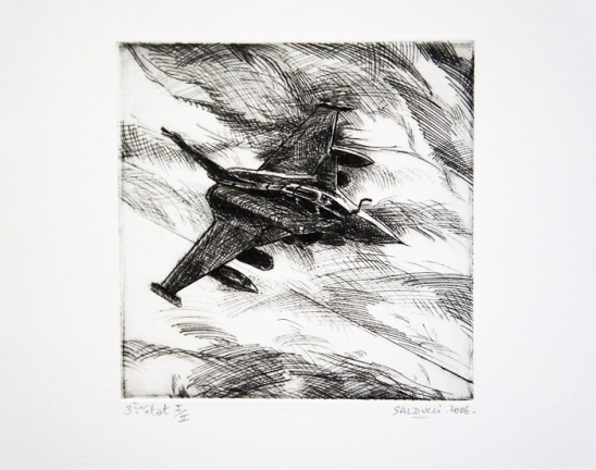 Gravure sur plexi avion de chasse 2006 de Patrick Salducci artiste peintre