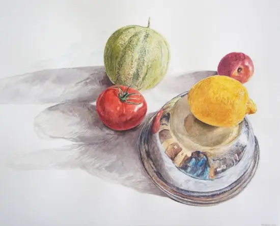 Aquarelle fruit, légumes, cirton, tomate, melon pomme par Patrick Salducci artiste peintre