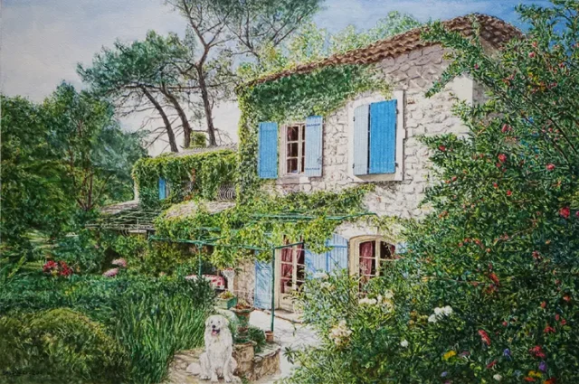 Aquarelle Maison avec chien par Patrick Salducci