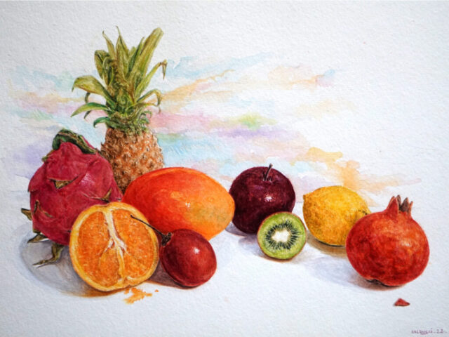 Aquarelle fruits éxotique, annas, fruit du dragon, kiwi, mangue, par Patrick Salducci artiste peintre