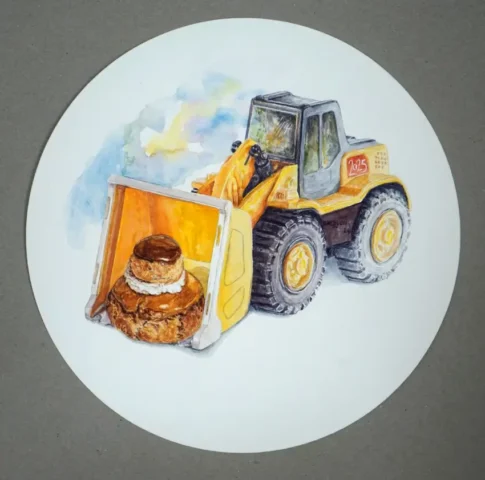 Aquarelle Gourmandise Une pattisserie dans une Pelleteuse par Patrick Salducci artiste peintre