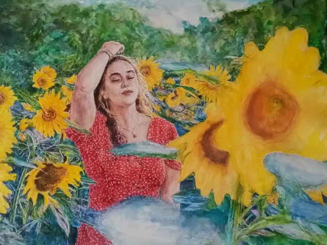 commande-aquarelle-portrait-femme-dans-un-champ-de-tournesols-patrick-salducci