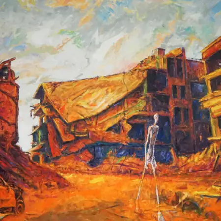 Peinture à l'huile l'homme qui marche dans les ruines 115 cm 90 cm par Patrick Salducci